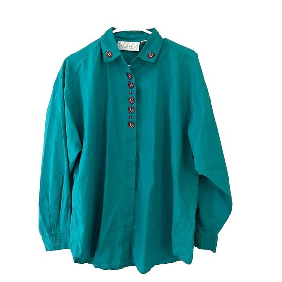 Vtg Basics Southern Classics Emerald Green Shirt Button Up 22W/42 Grandma Artsy - Picture 1 of 9